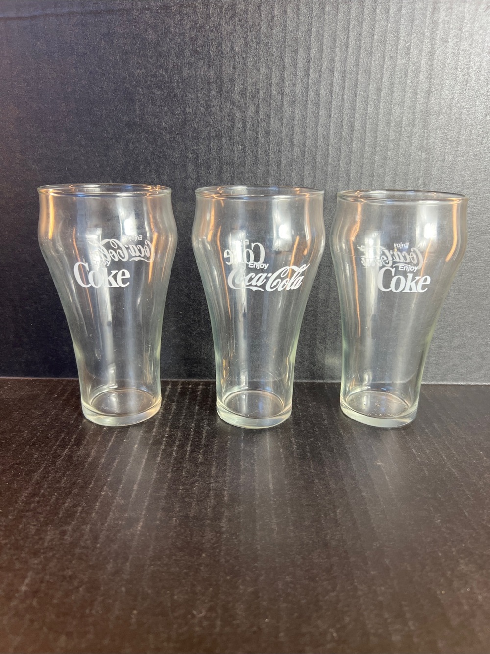 Coca Cola Clear Pint Glasses with White Enjoy Coke Logo - Set of 3